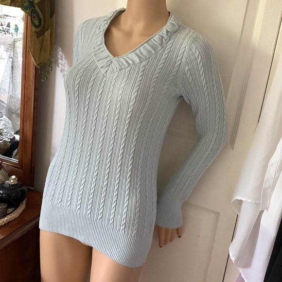 Eddie Bauer Cableknit sweater hourglass mint green v neck pullover XS - Picture 2 of 13